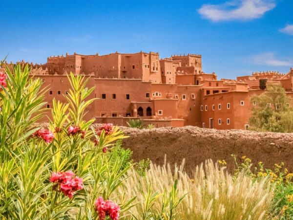 a large building with a wall and flowers