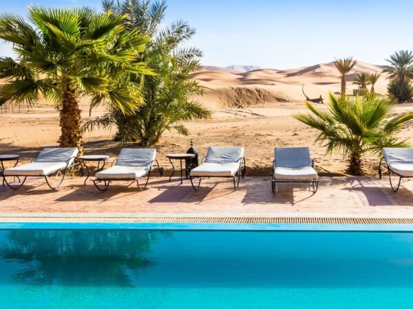 a pool with lounge chairs and palm trees in the desert