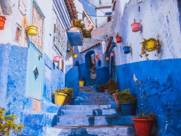 a blue and white street with stairs and pots