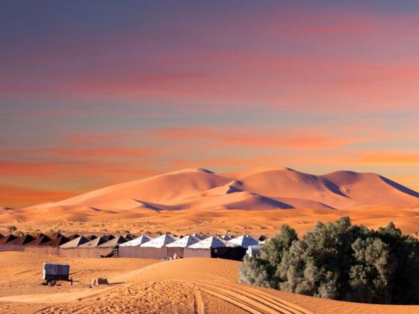 a sand dunes with a group of tents and trees
