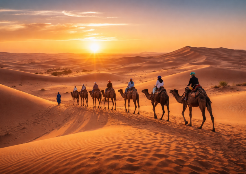 Camel trekking across the Erg Chebbi dunes during the 2-Day Fes to Merzouga Desert Tour in the Sahara Desert