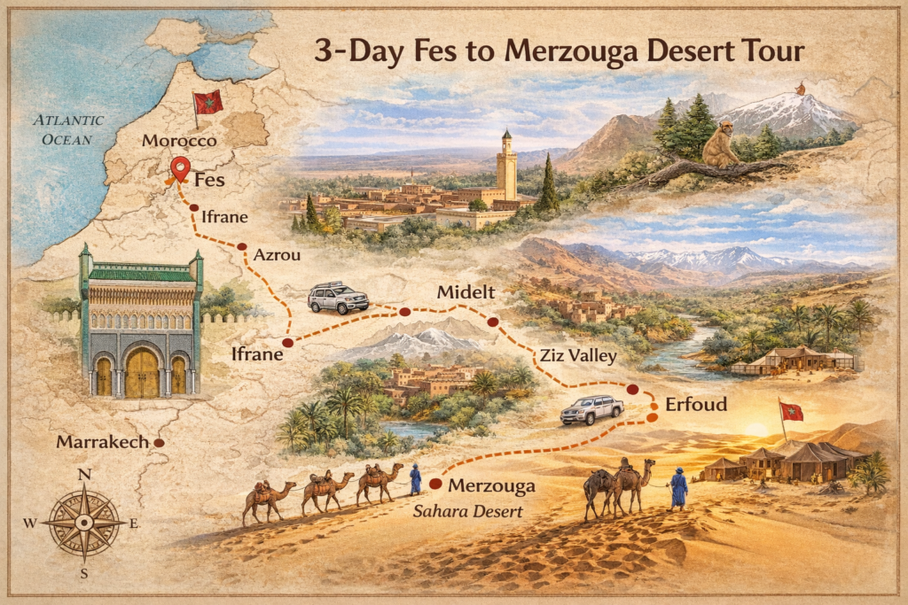 Route map of the 3-day Fes to Merzouga desert tour through Ifrane, Azrou, Midelt, Ziz Valley and the Sahara dunes of Erg Chebbi