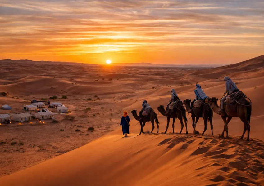 Camel trekking across the Erg Chebbi dunes during a 4-Day Fes to Merzouga Desert Tour in the Sahara Desert