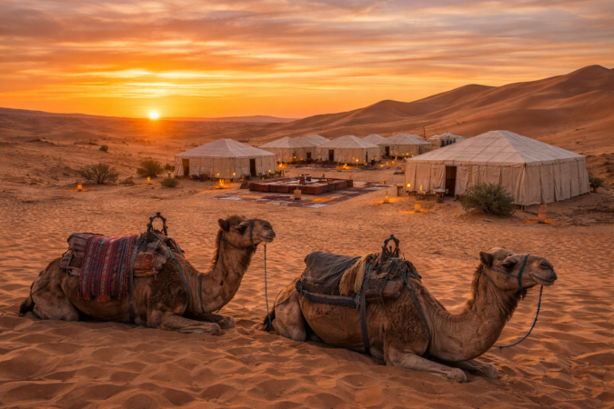 Luxury desert camp in Merzouga surrounded by Erg Chebbi dunes during a 4-Day Sahara tour from Fes