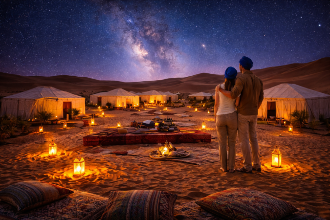 Luxury desert camp under the stars in Merzouga during a 4 day Fes to Merzouga Sahara desert tour