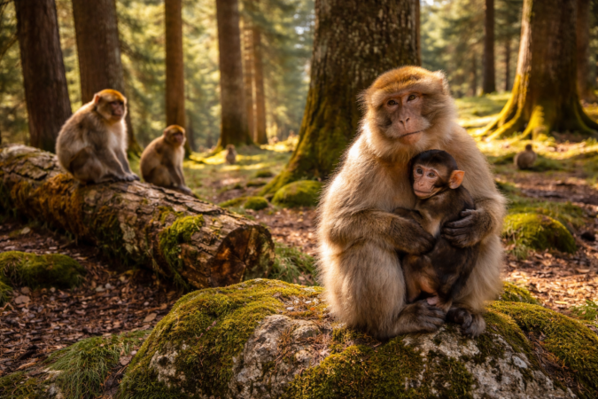Barbary monkeys in the cedar forest of the Middle Atlas Mountains near Azrou Morocco
