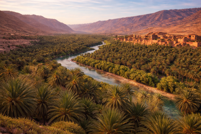 Panoramic view of Ziz Valley palm oasis during a Fes to Merzouga Sahara desert tour