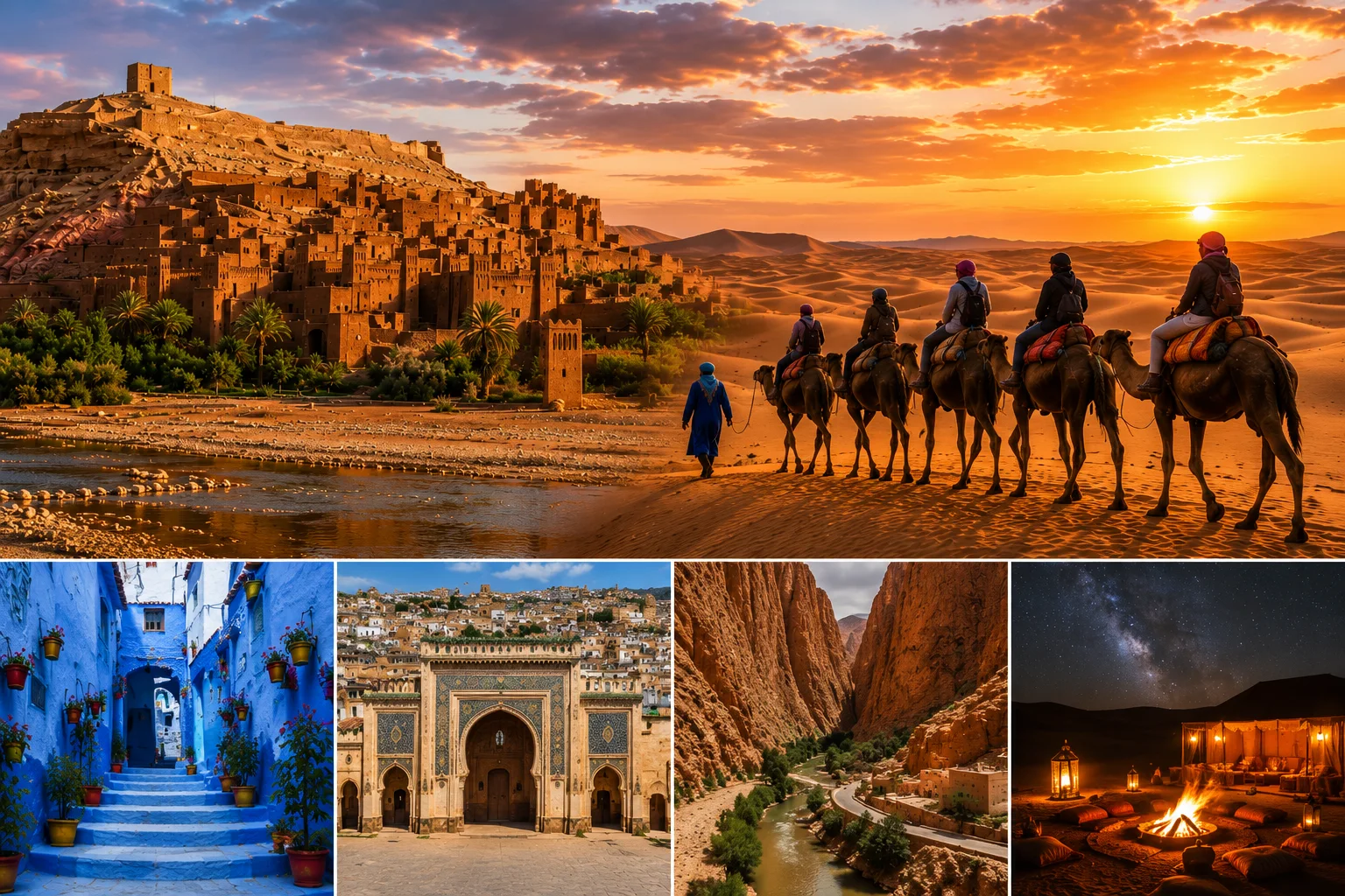 Travelers enjoying a camel trek in the Merzouga Sahara Desert during a 5-day Morocco tour from Tangier