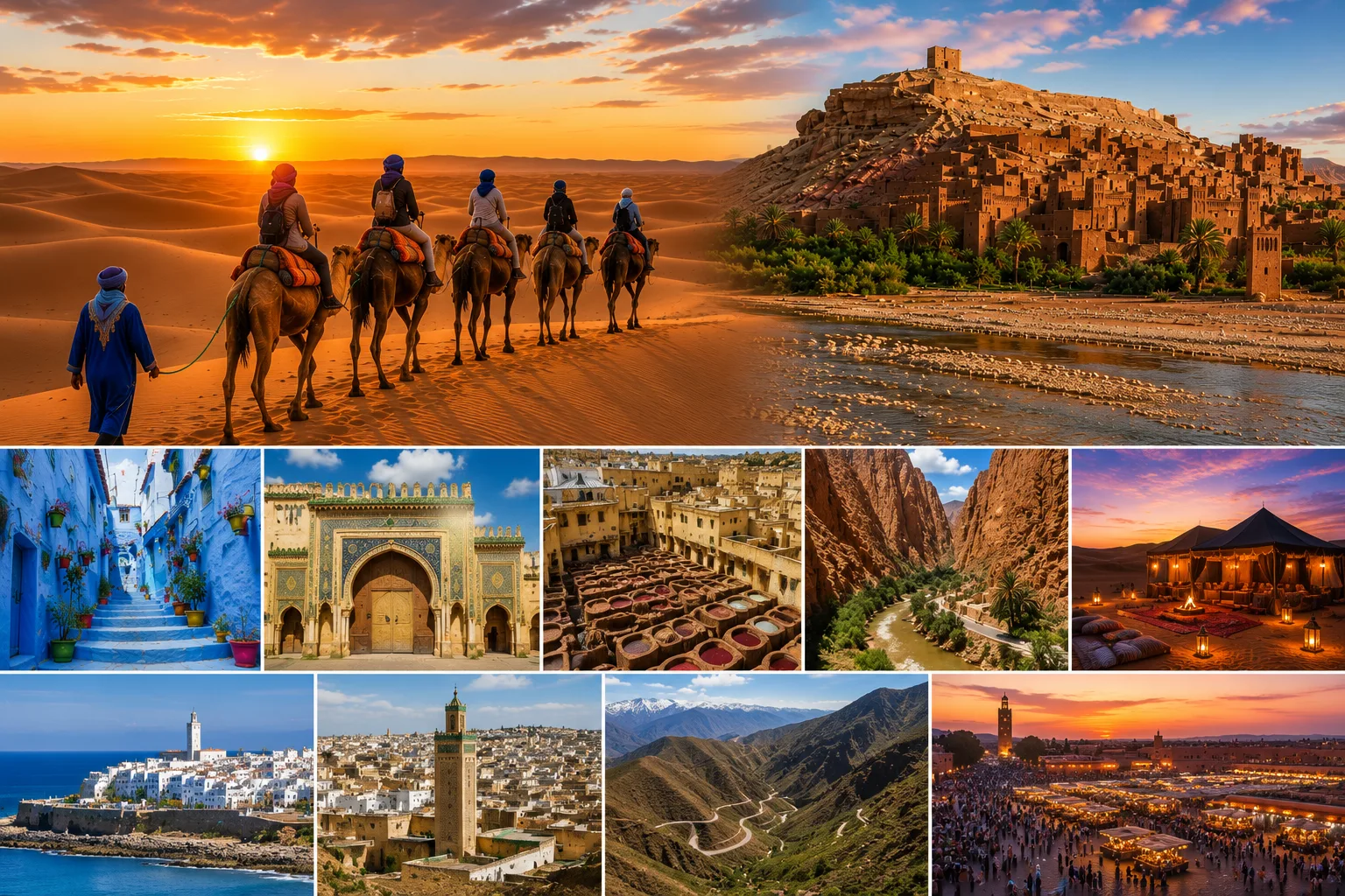 7-day Grand Morocco Tour from Tangier visiting Chefchaouen, Fes, the Sahara Desert, Ait Ben Haddou, and Marrakech