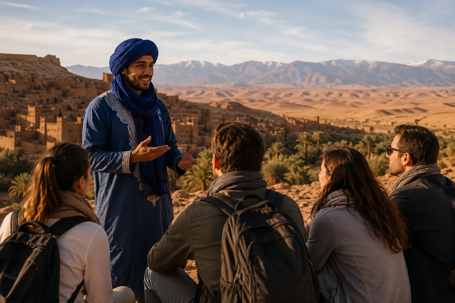 Berber guide leading travelers through the Sahara Desert