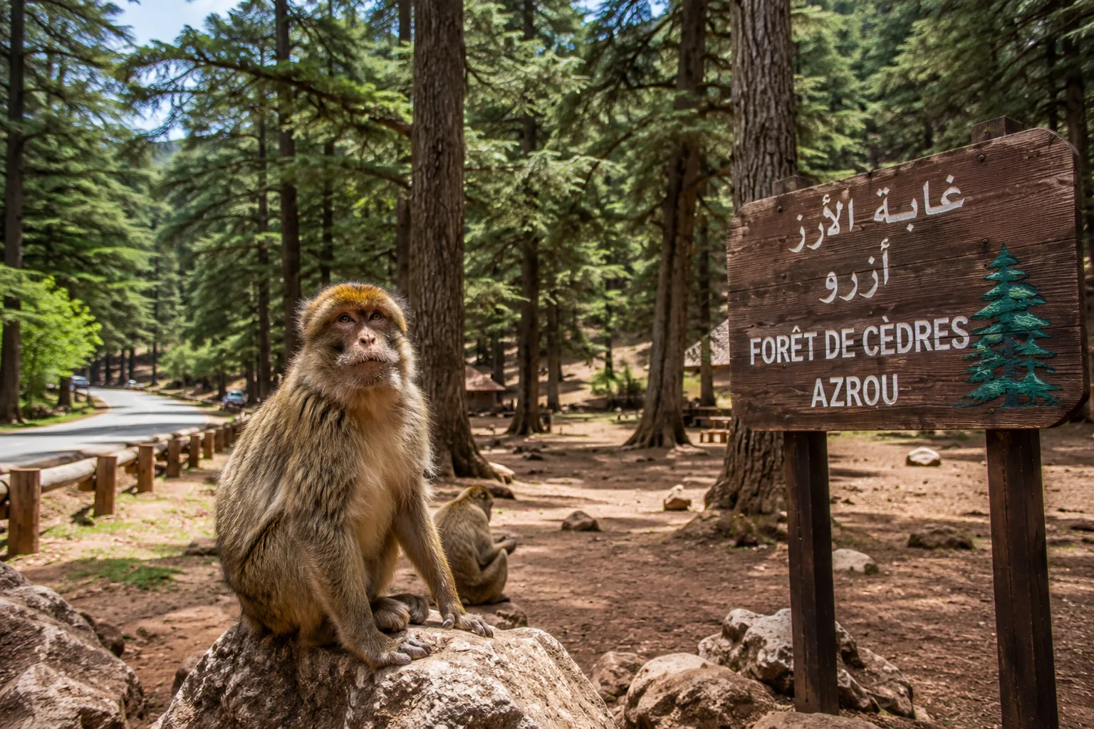 Barbary macaques in the Cedar Forest of Azrou, Middle Atlas Mountains
