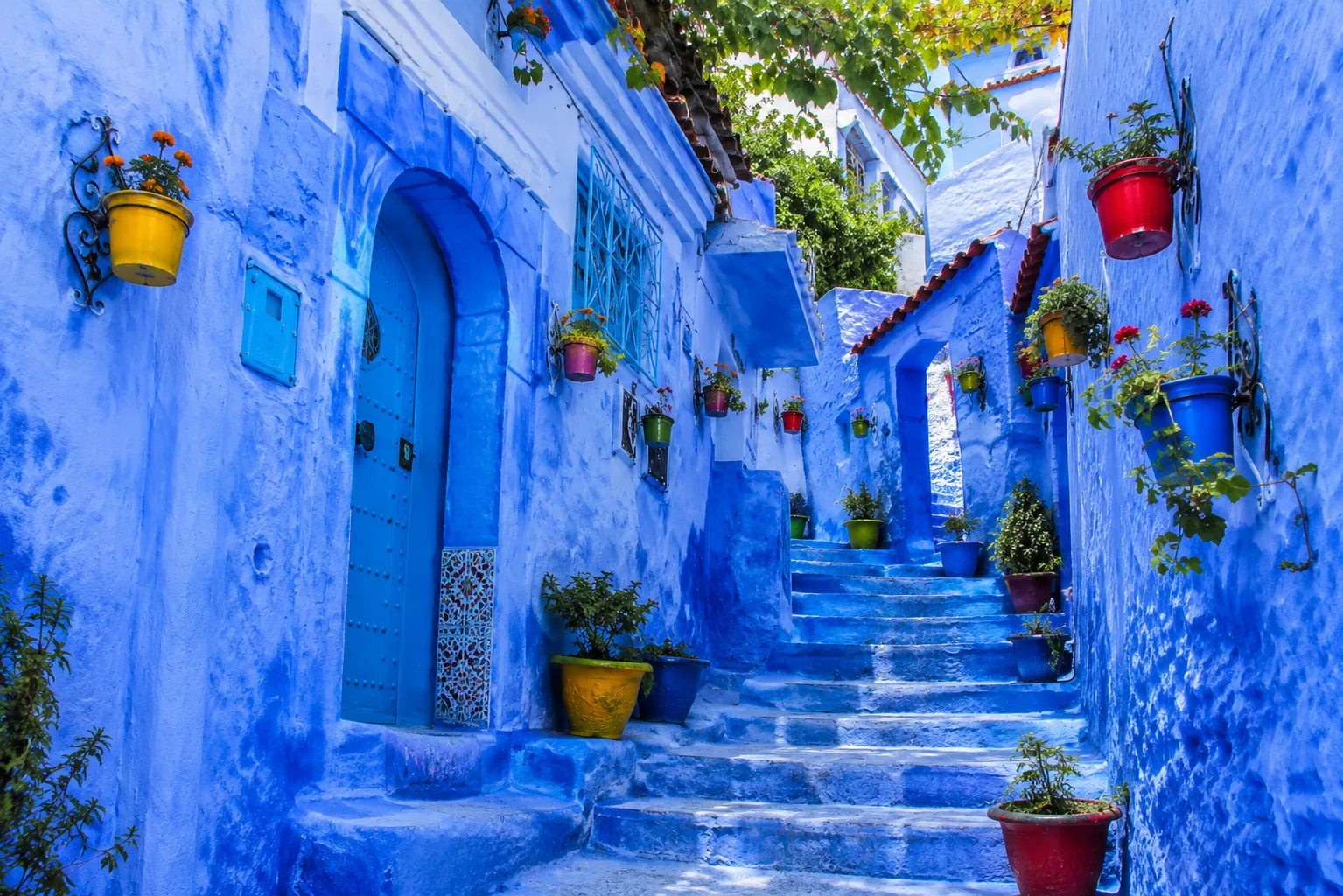 Traveler exploring the blue streets of Chefchaouen during a Morocco tour