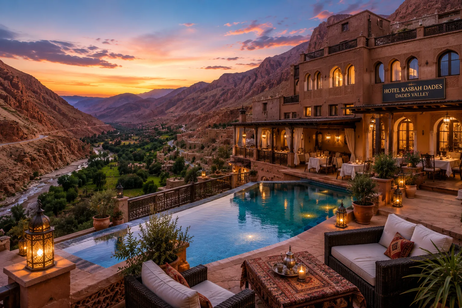 Boutique hotel in Dades Valley overlooking the Atlas Mountains with a swimming pool, panoramic terrace, and scenic canyon views.