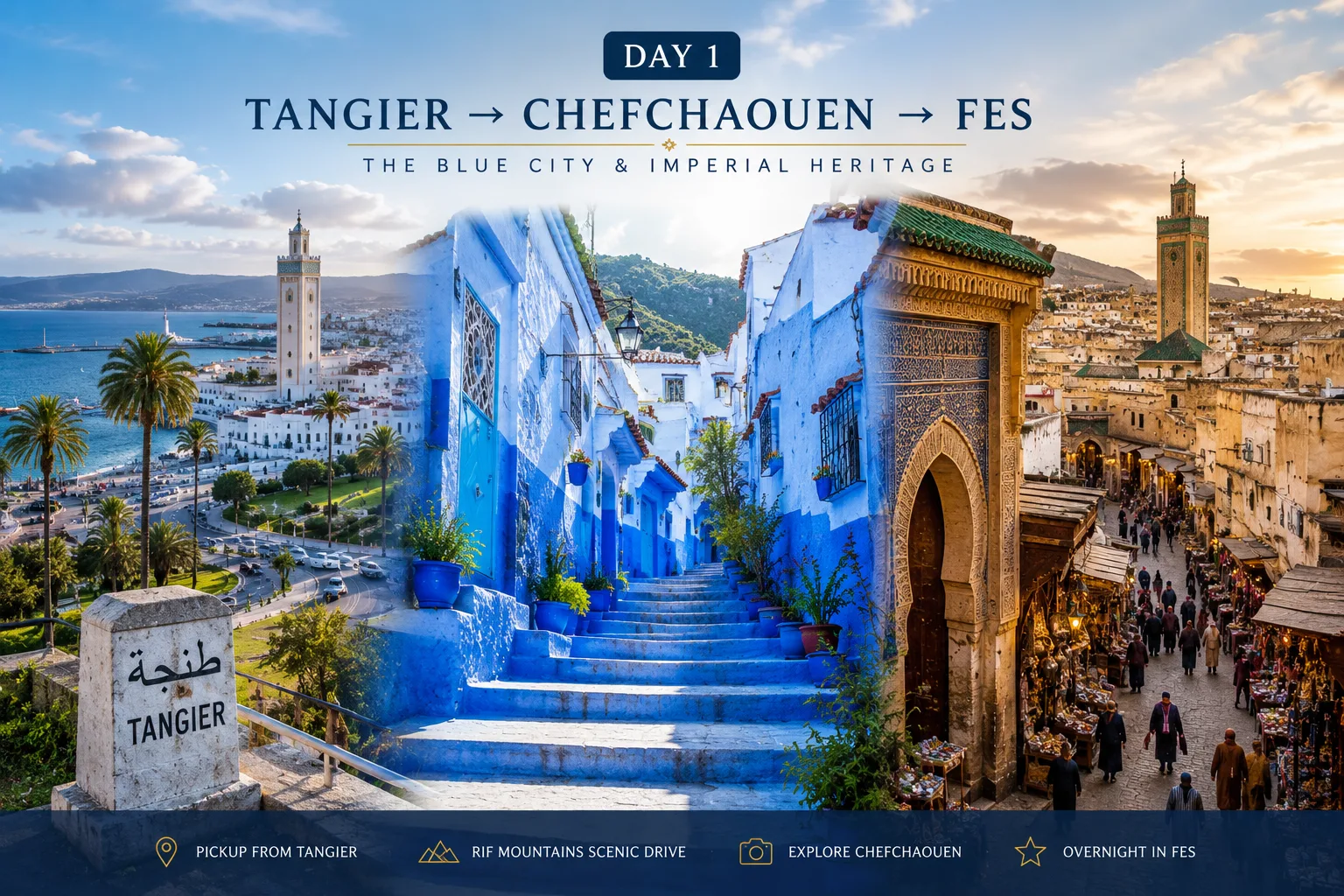 Scenic journey from Tangier to Chefchaouen and Fes featuring the blue streets of Chefchaouen and the historic Fes Medina
