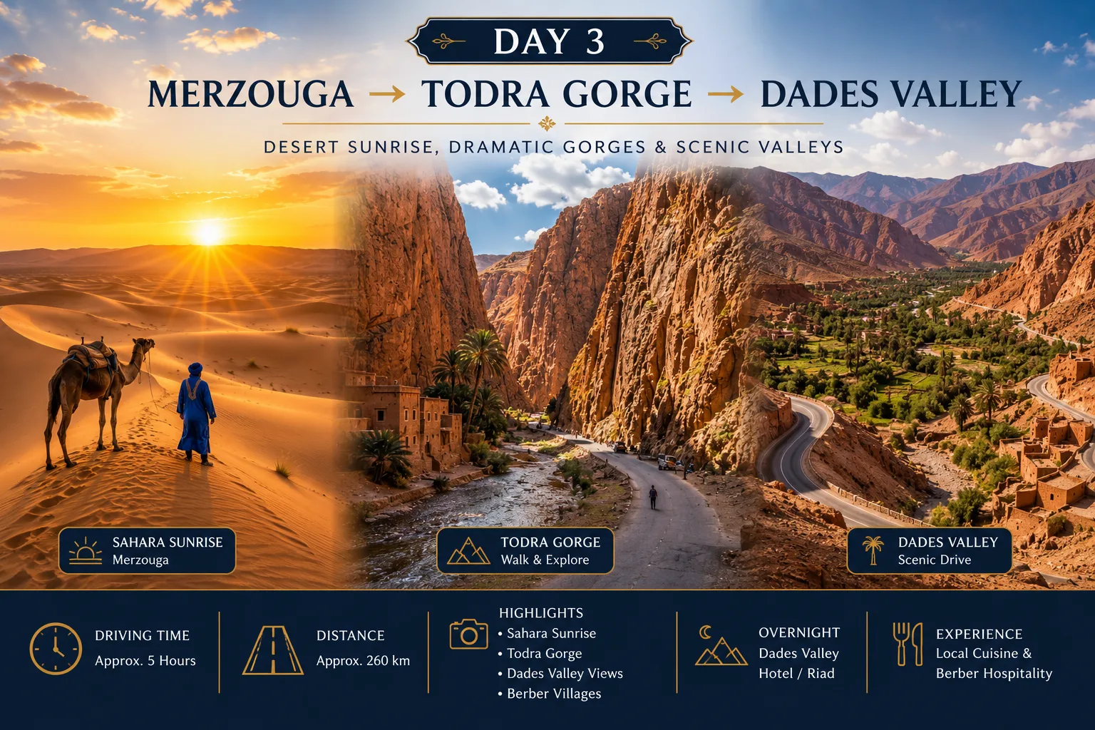 Sunrise over the Merzouga Sahara followed by a visit to Todra Gorge and the breathtaking Dades Valley.
