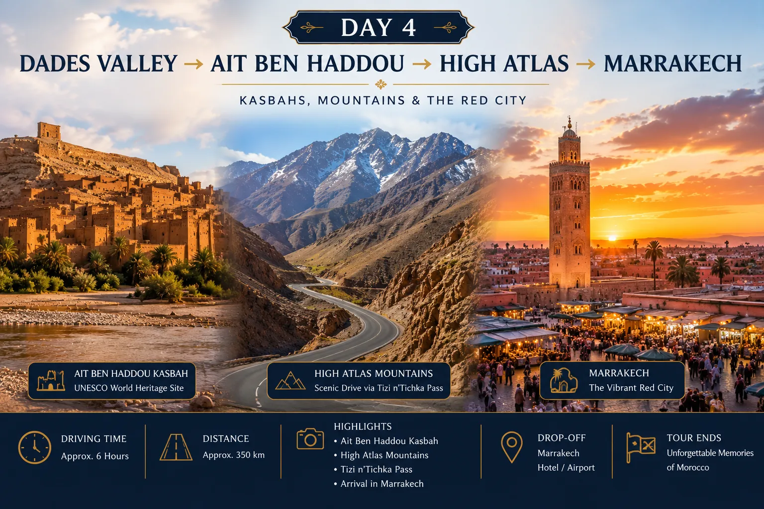 Explore Ait Ben Haddou, cross the High Atlas Mountains, and arrive in Marrakech at the end of your desert tour.