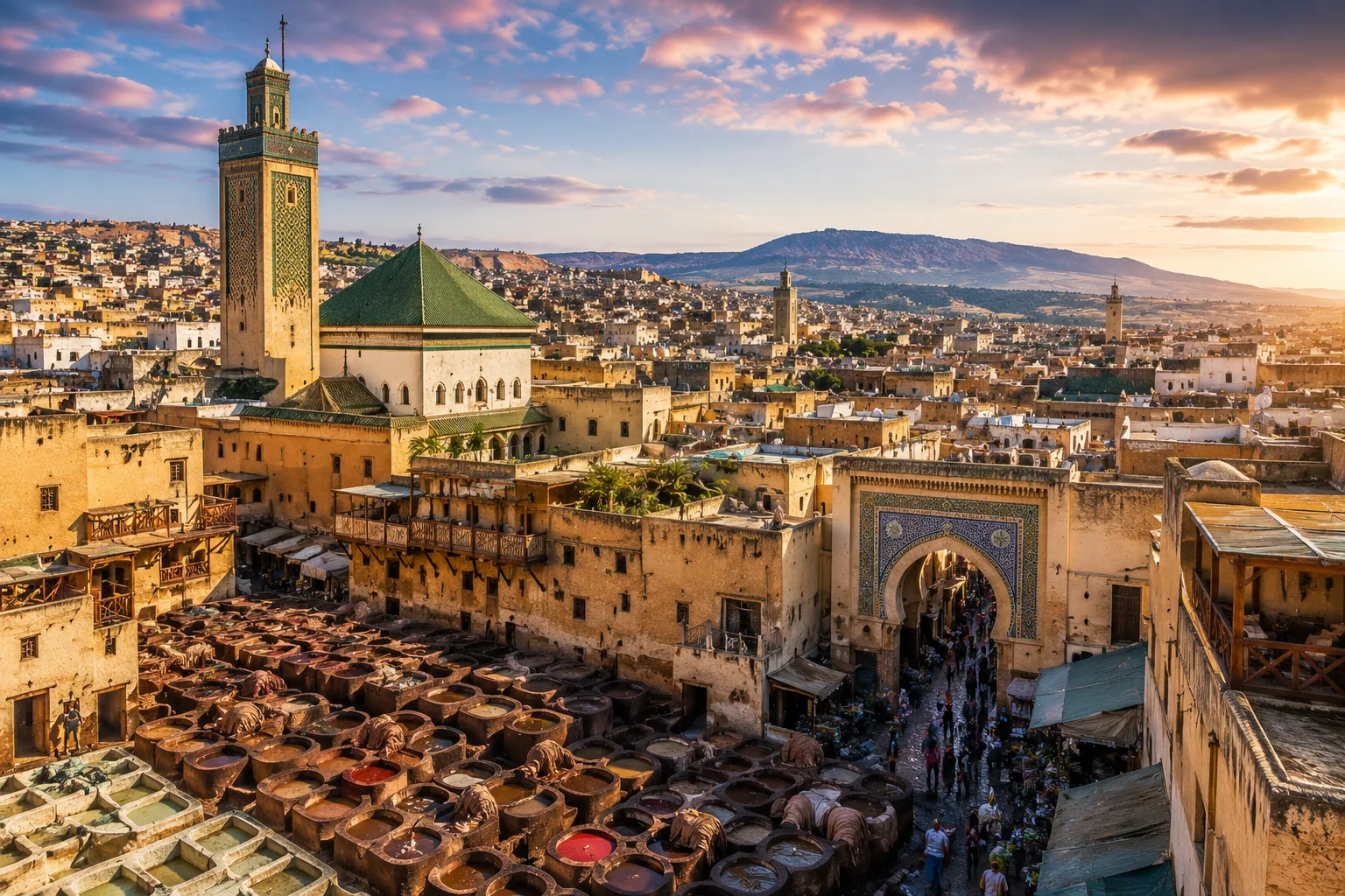 Panoramic view of the historic Fes Medina with Al Quaraouiyine Mosque and the famous Chouara Tannery in Morocco