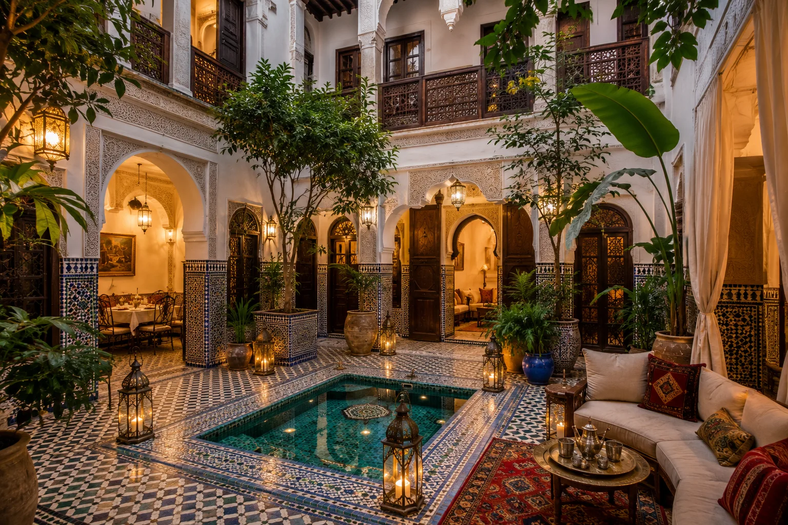 Traditional Moroccan riad in Fes featuring a peaceful courtyard, mosaic tiles, ornate architecture, and a central fountain.