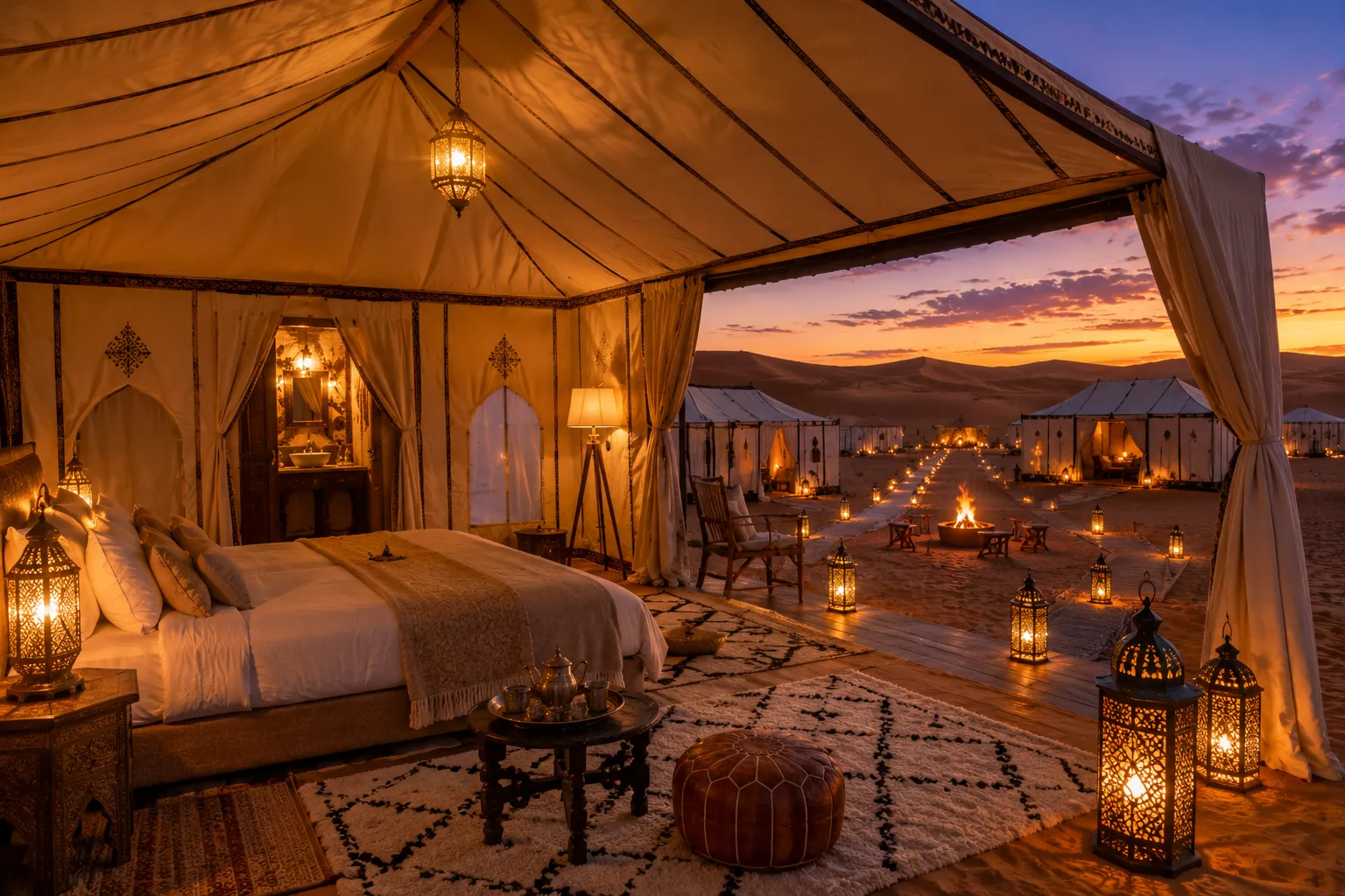 Luxury Sahara desert camp in Merzouga with elegant private tents, traditional Moroccan décor, and golden dunes at sunset.