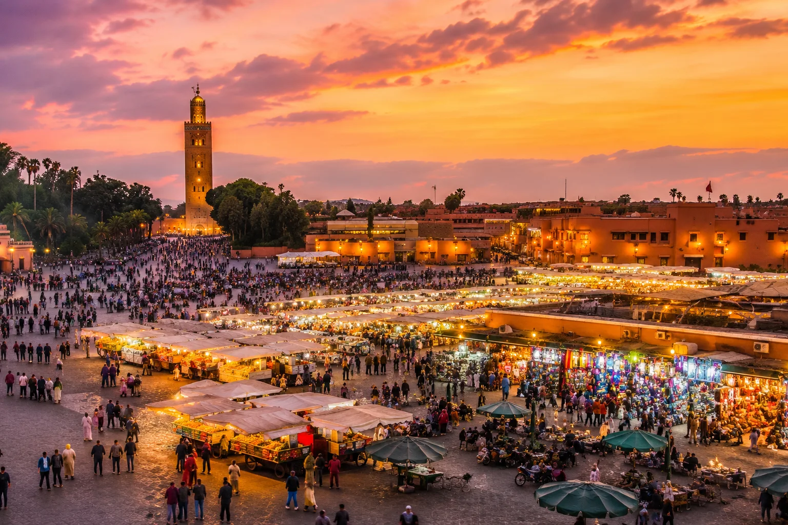 Jemaa el-Fnaa Square in Marrakech, Morocco at sunset with bustling market stalls, the Koutoubia Mosque, and vibrant city life