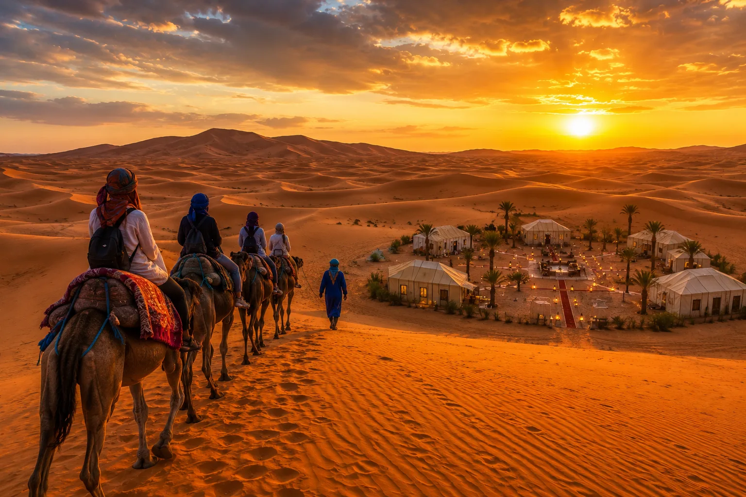 Camel trekking across the Erg Chebbi dunes in Merzouga at sunset