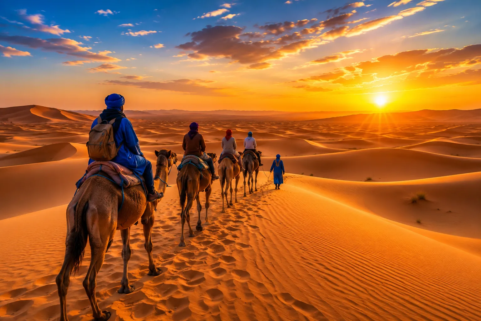 Camel trekking across the golden dunes of the Merzouga Sahara Desert