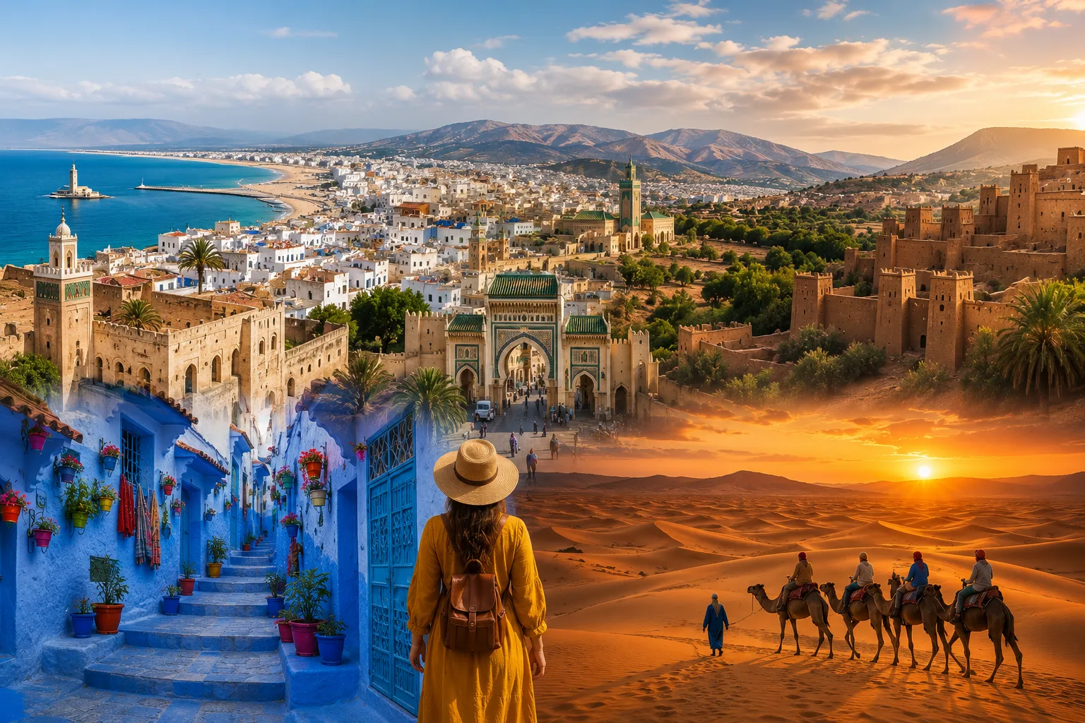 Travelers exploring Morocco from Tangier through Chefchaouen, Fes and the Sahara Desert