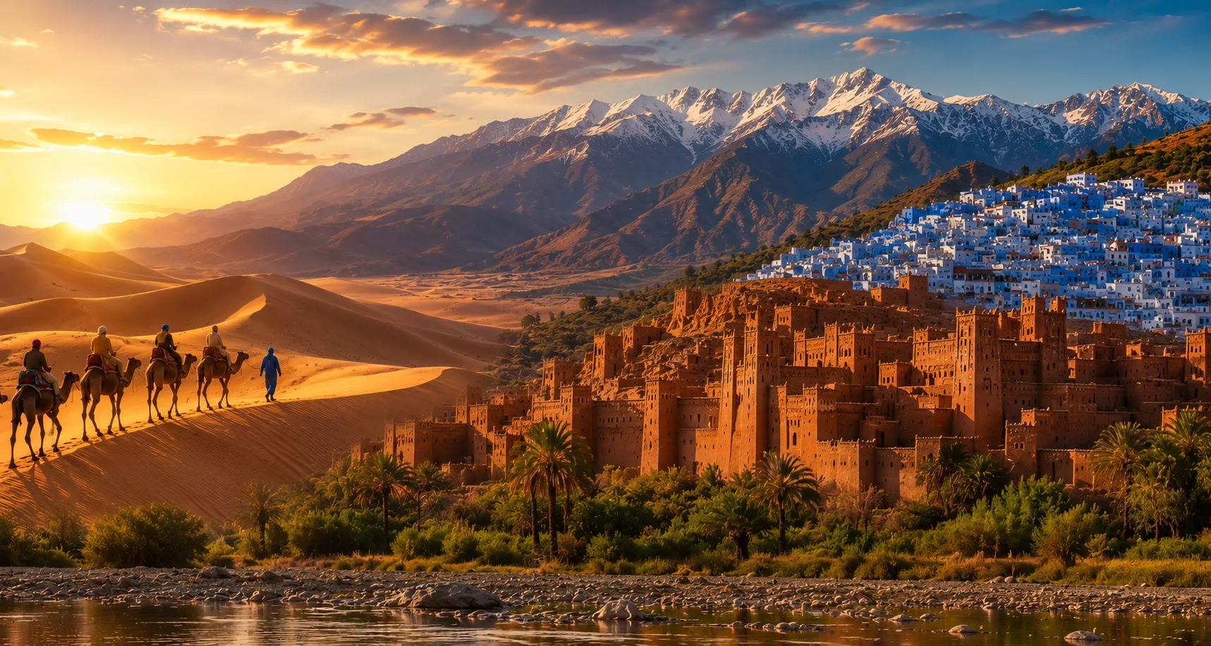 Morocco Tours featuring the Sahara Desert, Atlas Mountains, traditional kasbahs and camel trekking